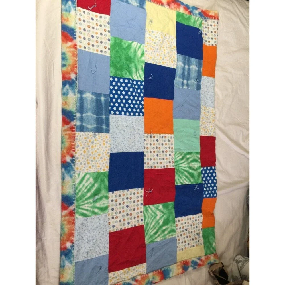 Handmade Reversible Patchwork Quilt Blanket 53x44 Hand Tied Fleece Backing Lap